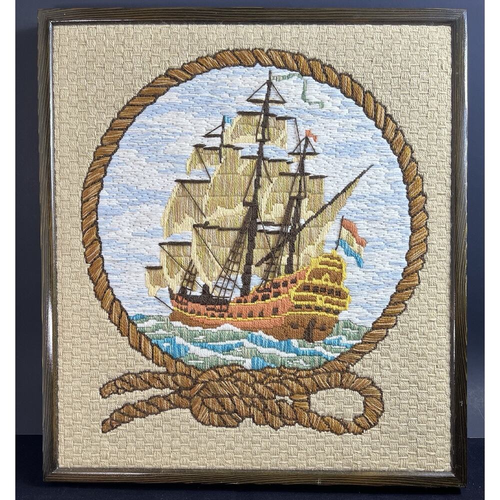 Vintage 1982 Bernat Frigate Crewel Embroidery Framed Art QuickStitch 18" x 16"